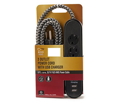 6' Black & Gray Indoor 3-Outlet Power Cord with USB Charging