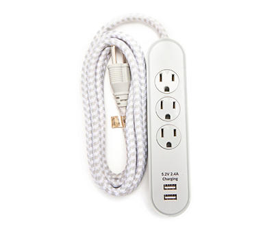 6' Gray & White Indoor 3-Outlet Power Cord with USB Charging