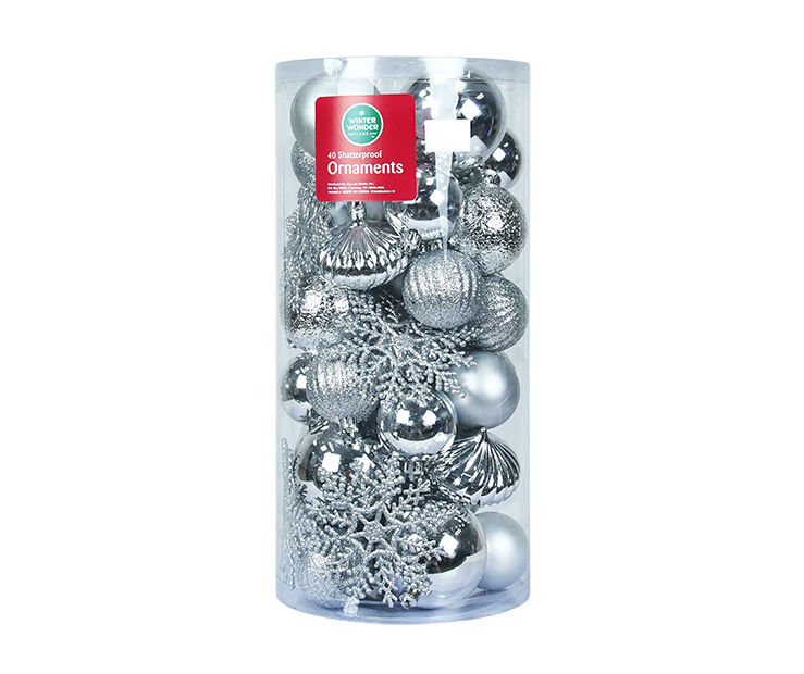 Silver 40-Piece Shatterproof Plastic Ornament Set