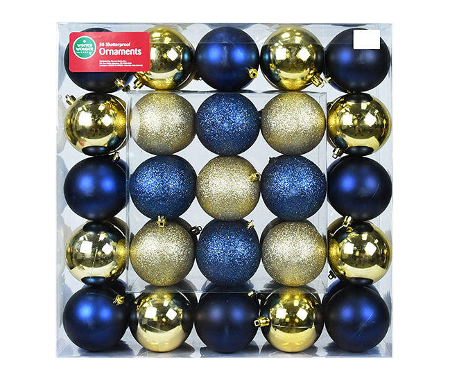 Blue & Gold Shiny Glitter 50-Piece Shatterproof Plastic Ornament Set