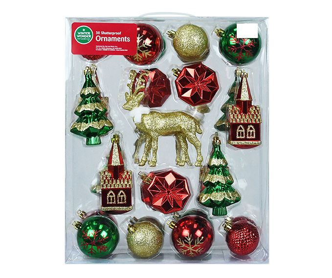 Red, Green & Gold Seasonal Icon 30-Piece Shatterproof Plastic Ornament Set