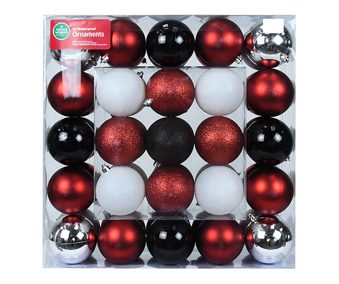 Red, Black, Silver & White 50-Piece Shatterproof Plastic Ornament Set