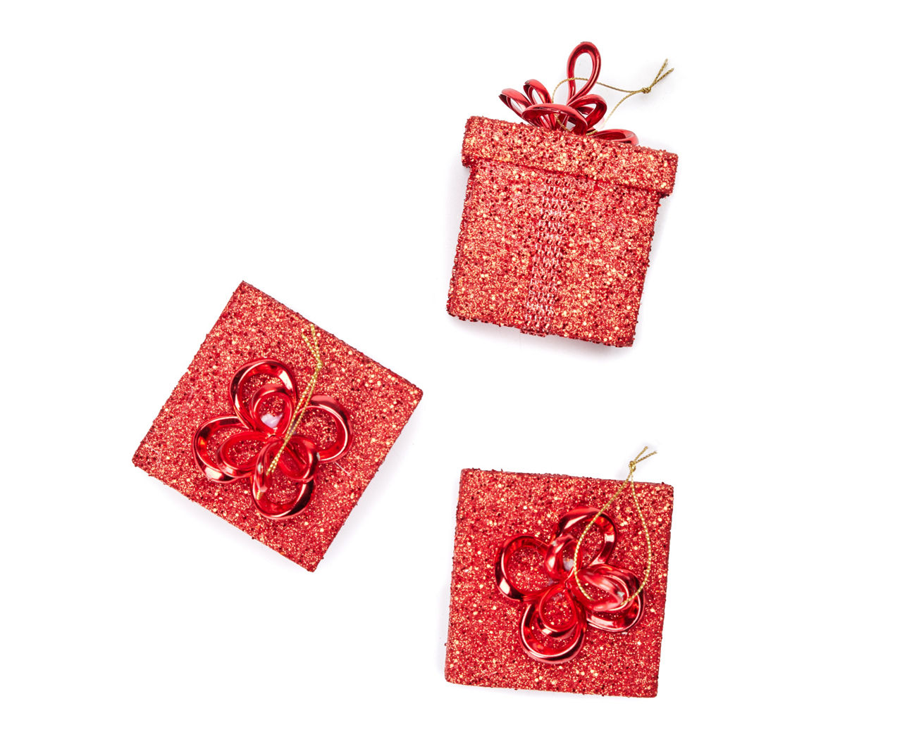 Red Glitter & Gem Gift Box Ornaments, 3-Pack