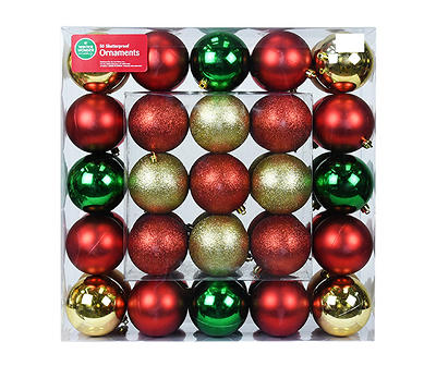 Red, Green & Gold 50-Piece Shatterproof Plastic Ornament Set