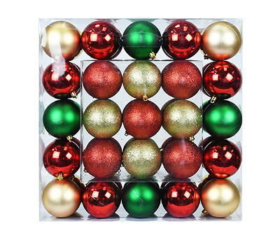 Red, Green & Gold 50-Piece Shatterproof Plastic Ornament Set