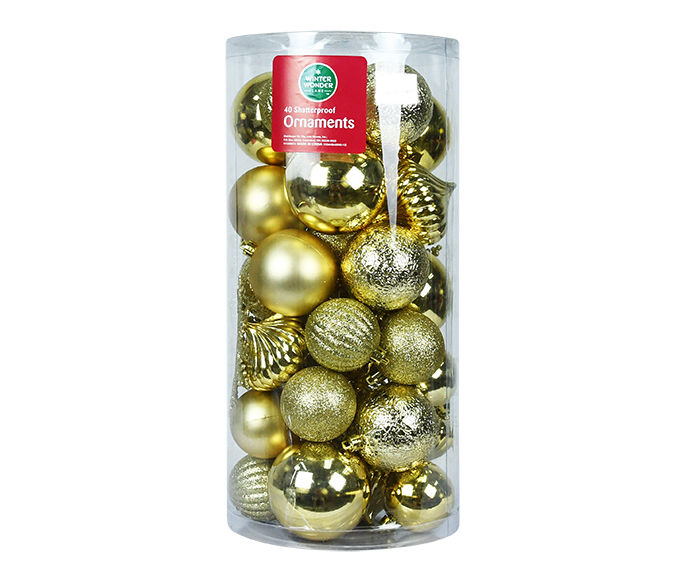 Gold 40-Pack Shatterproof Plastic Ornament Set
