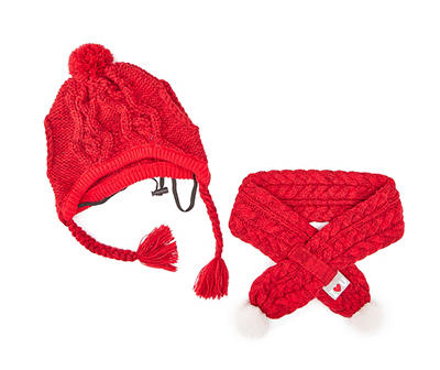 Winter Chunky Cable Hat and Scarf with Pompom Set