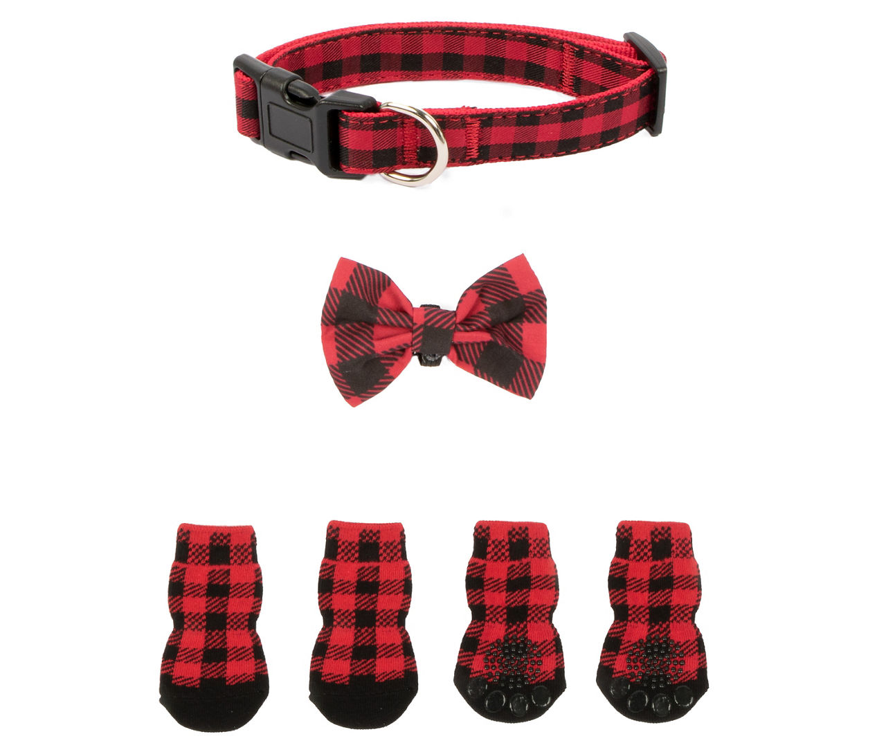 Pet Small Medium Red Buffalo Plaid Collar Sock Set