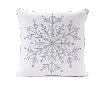 Ivory & Silver Embellished Snowflake Embroidered Square Throw Pillow