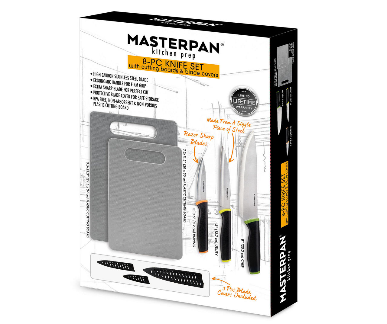 MasterPan Knife Set with Protective Blade Covers, Stainless Steel Blade & Non-Slip Handle - 8 Piece