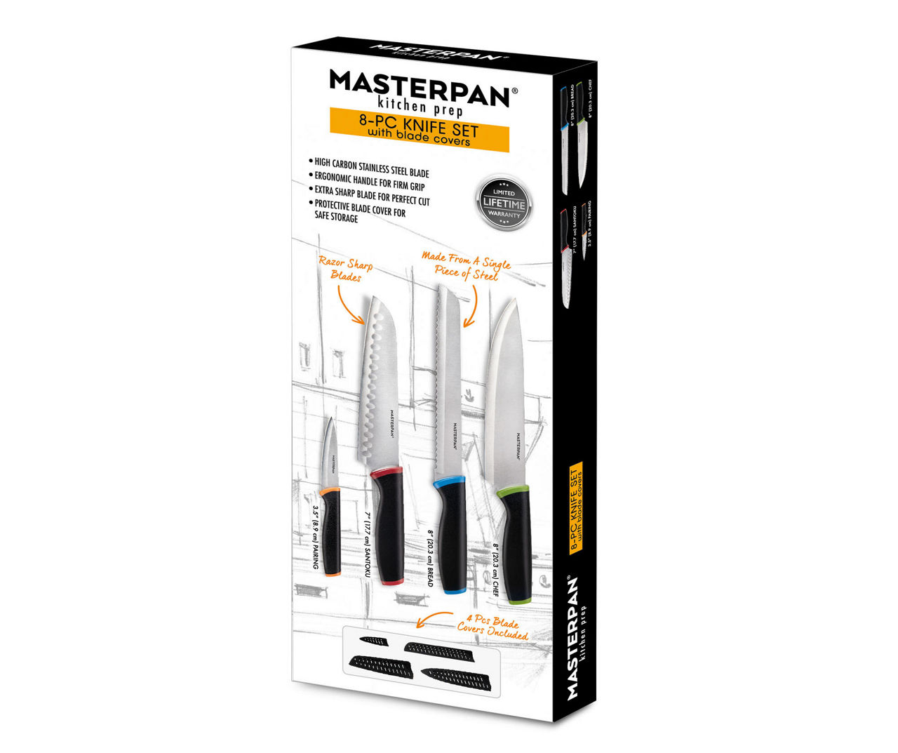 MasterPan Knife Set with Protective Blade Covers, Stainless Steel Blade & Non-Slip Handle - 8 Piece