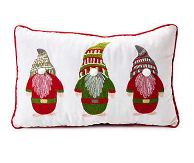 White & Red Holiday Gnomes Embroidered Rectangle Throw Pillow