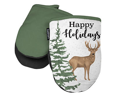 "Happy Holidays" Green & White Deer Mini Oven Mitts, 2-Pack 