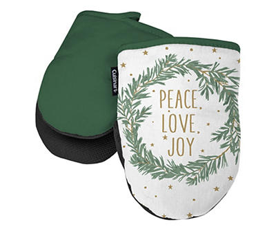 "Peace Love Joy" White & Green Wreath Mini Oven Mitts, 2-Pack 