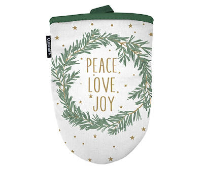"Peace Love Joy" White & Green Wreath Mini Oven Mitts, 2-Pack 