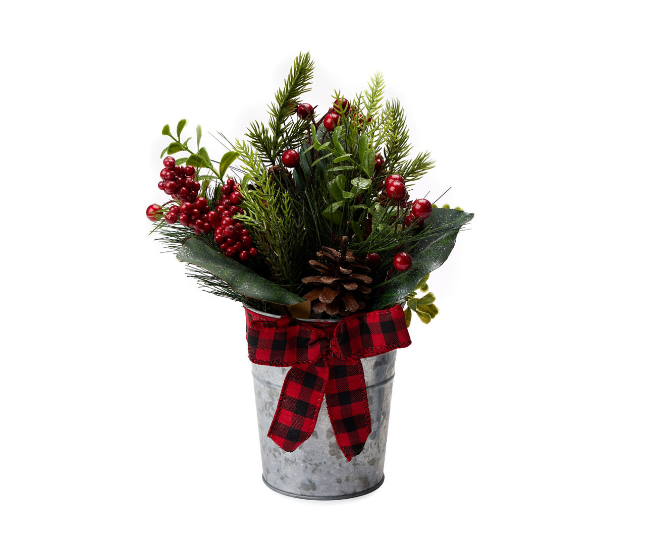Red Buffalo Check Bow & Greenery in Galvanized Metal Pot