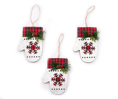 Silver Snowflake & Buffalo Check Glove Ornaments, 3-Pack