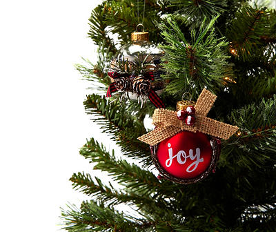 "Joy" Wreath & Plaid Banner Glass Ornaments, 8-Pack