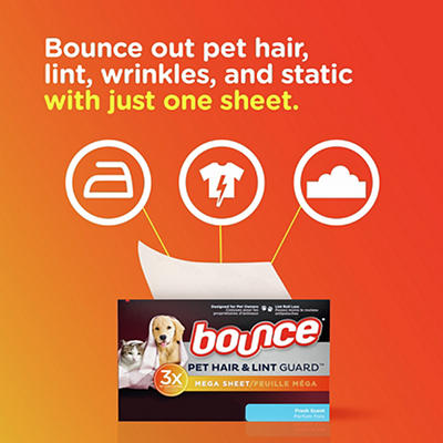 Bounce Pet Hair and Lint Guard Mega Dryer Sheets with 3X Pet Hair Fighters, Fresh Scent, 80 Count