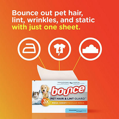 Bounce Pet Hair and Lint Guard Mega Dryer Sheets with 3X Pet Hair Fighters, Unscented, 80 Count