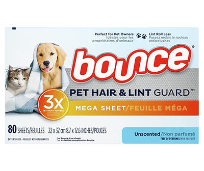 Bounce Pet Hair and Lint Guard Mega Dryer Sheets with 3X Pet Hair Fighters, Unscented, 80 Count