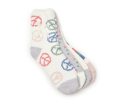 White & Multi-Color Peace Sign 4-Pair Fuzzy Socks Set