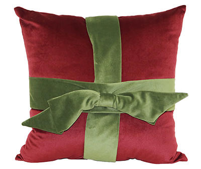 Red & Green Bow-Accent Gift Throw Pillow