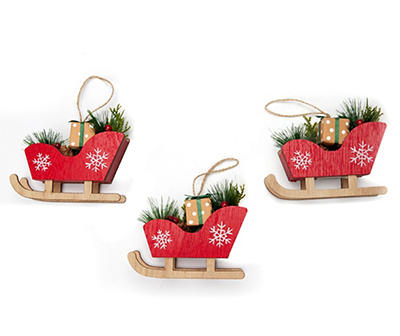 Red Sleigh & Gift Box Ornaments, 3-Pack
