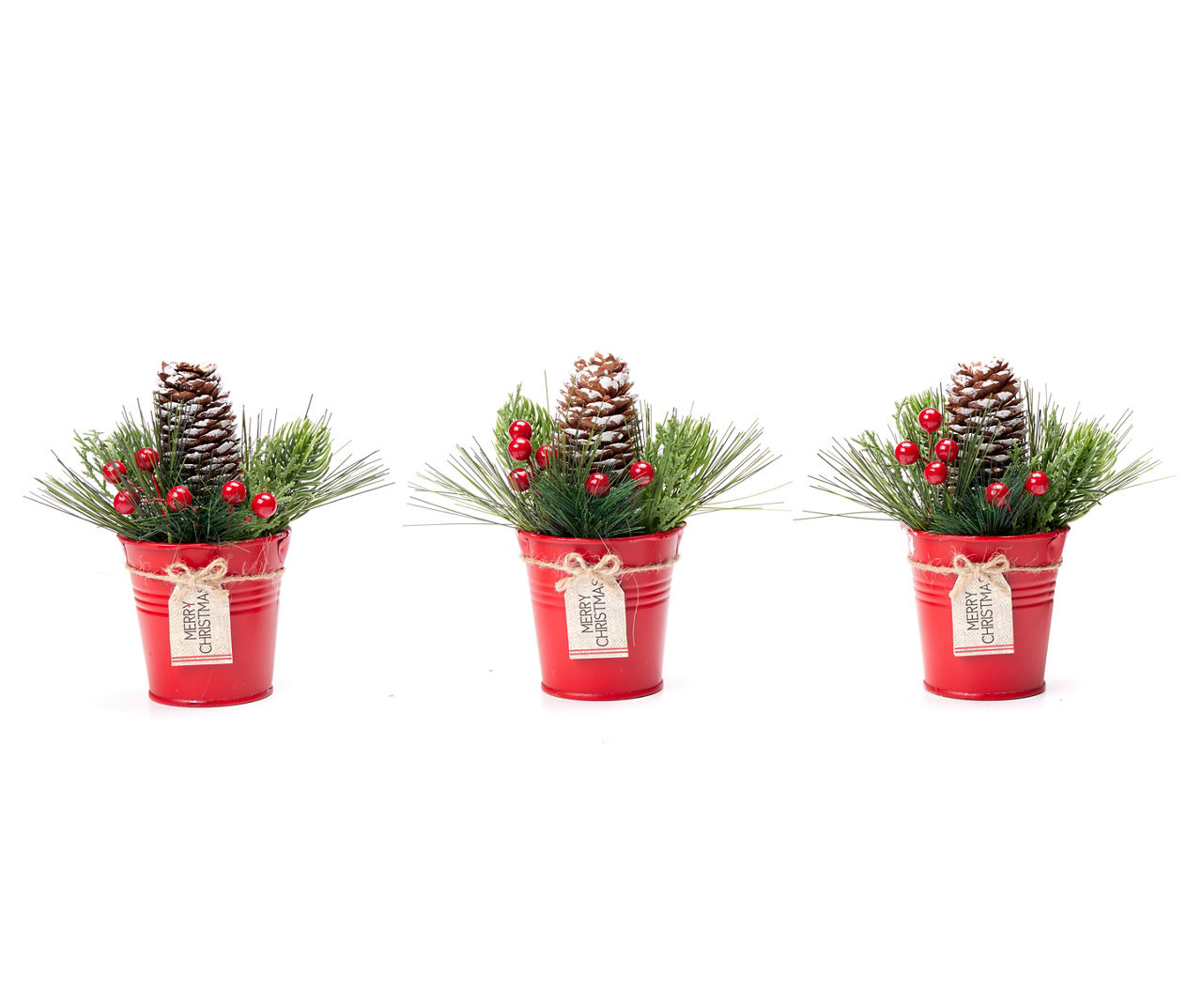 "Merry Christmas" Red Metal Bucket Ornaments, 3-Pack