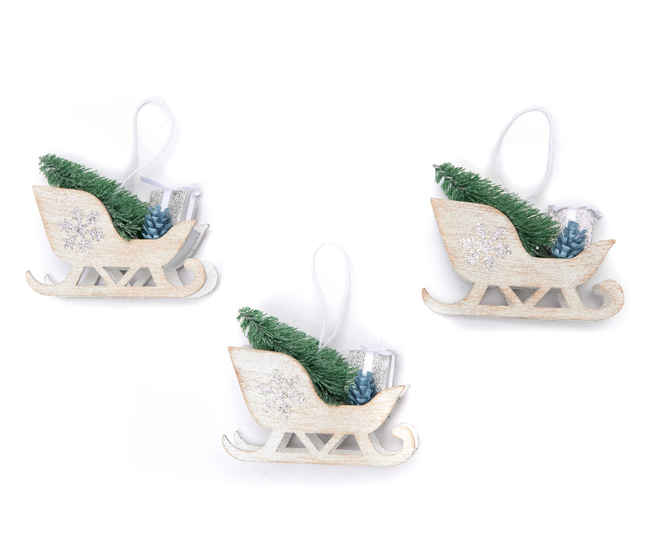 Silver Snowflake Sled & Tree Ornaments, 3-Pack