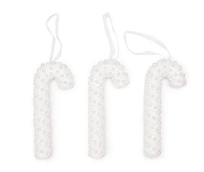 White Bead Candy Cane Ornaments, 3-Pack