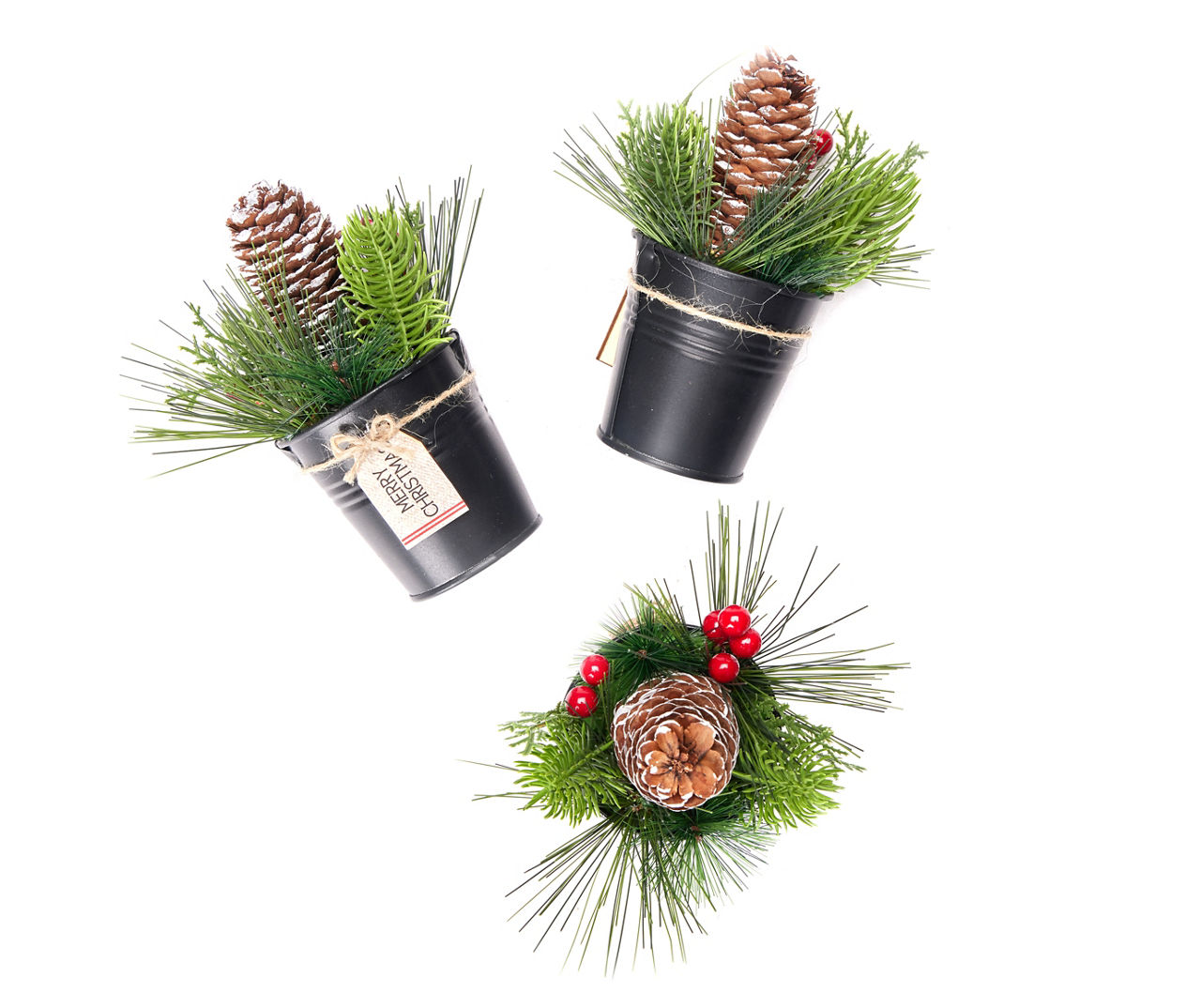 "Merry Christmas" Black Metal Bucket Ornaments, 3-Pack