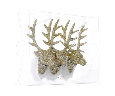 Champagne Glitter Deer Head Ornaments, 3-Pack