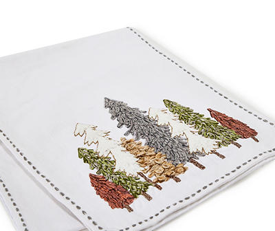 White & Earth-Tone Embroidered Trees Table Runner