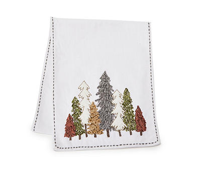White & Earth-Tone Embroidered Trees Table Runner