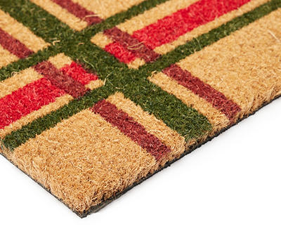 "Welcome" Tan, Red & Green Plaid Coir Doormat