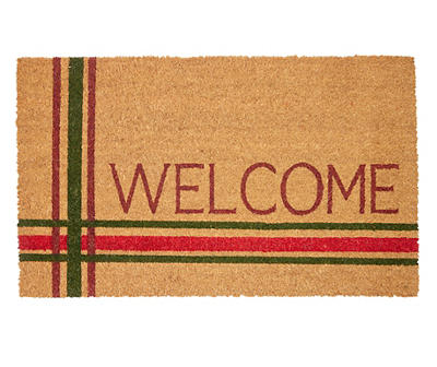 "Welcome" Tan, Red & Green Plaid Coir Doormat