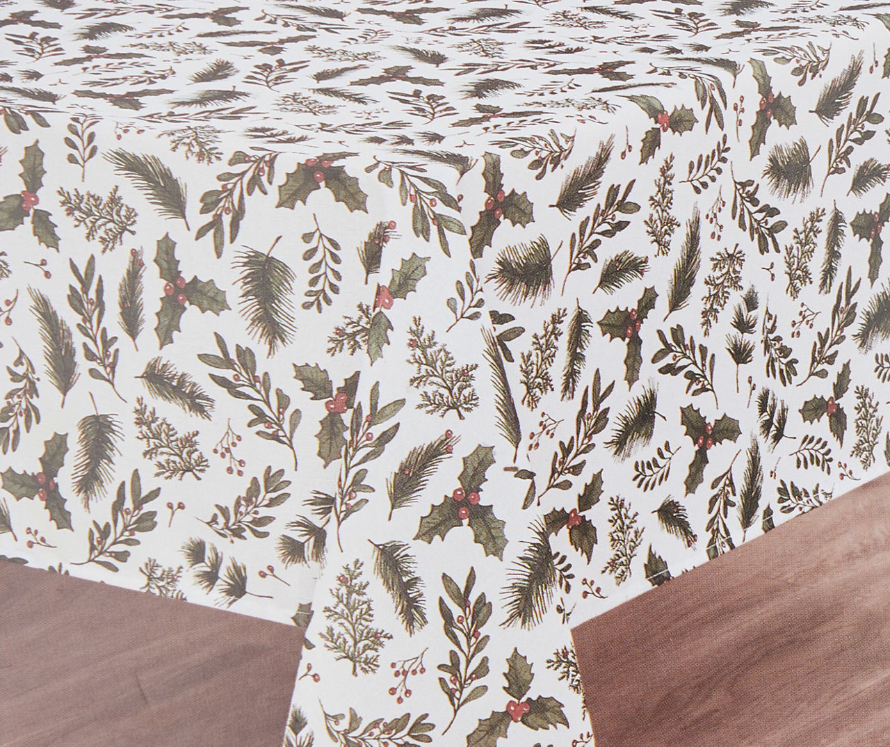 White & Green Pine & Holly Fabric Tablecloth, (52" x 70")