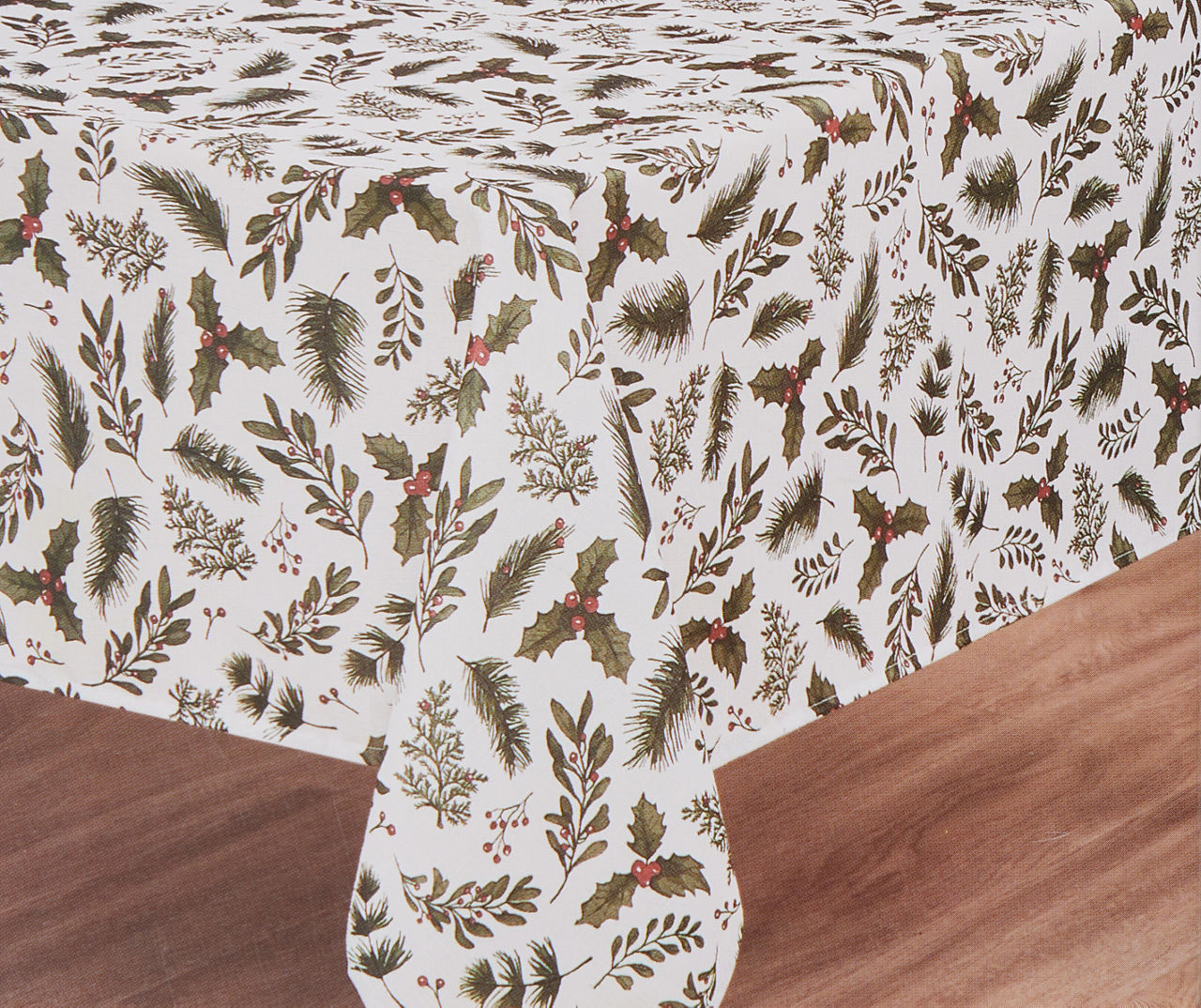 White & Green Pine & Holly Fabric Tablecloth, (60" x 102")