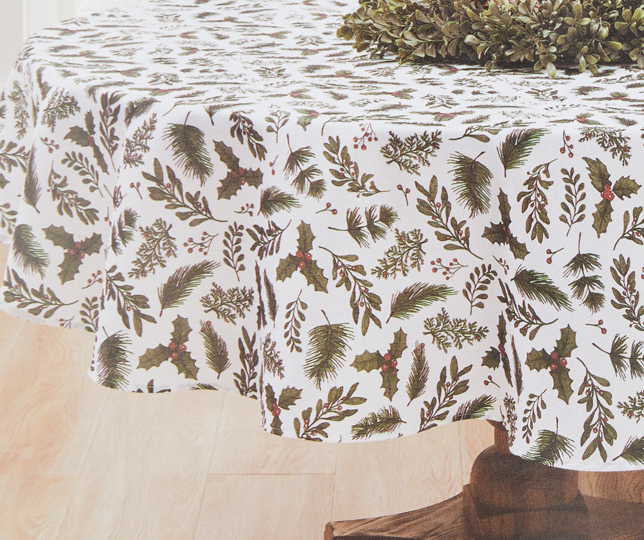 White & Green Pine & Holly Round Fabric Tablecloth, (60")