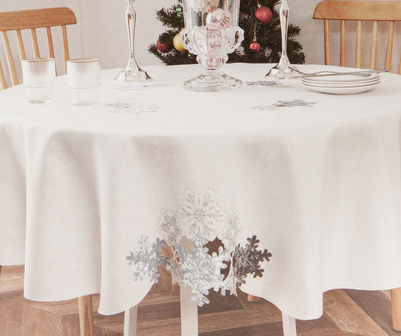 White & Gray Cutout Snowflake Round Fabric Tablecloth, (60")