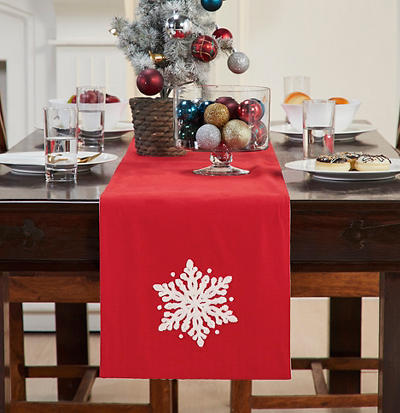 Home for the Holidays Red & White Snowflake Table Runner
