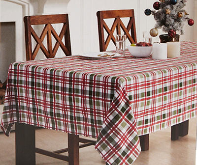 Home for the Holidays Green & Red Plaid Fabric Tablecloth