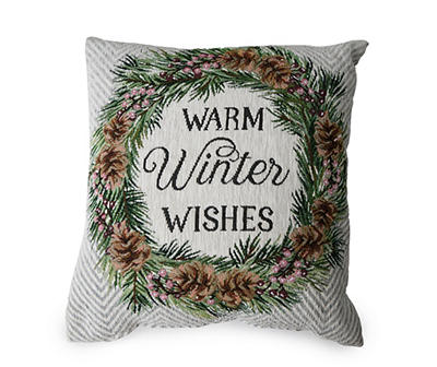 "Warm Winter Wishes" White & Green Pine Wreath Square Throw Pillow