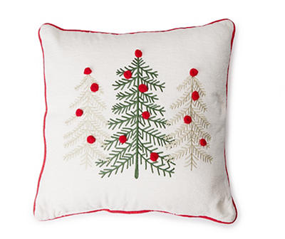 Home for the Holidays White & Green Embroidered Trees Square Throw Pillow