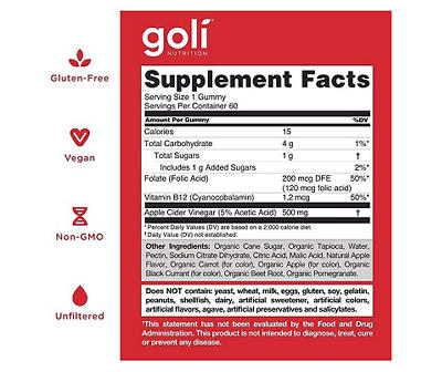 Goli Nutrition Apple Cider Vinegar Gummies, 60-Count