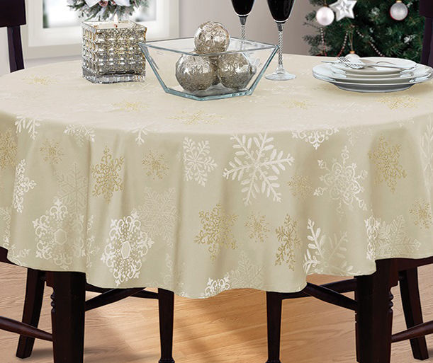 Champagne Snowflake Round Fabric Tablecloth, (60")