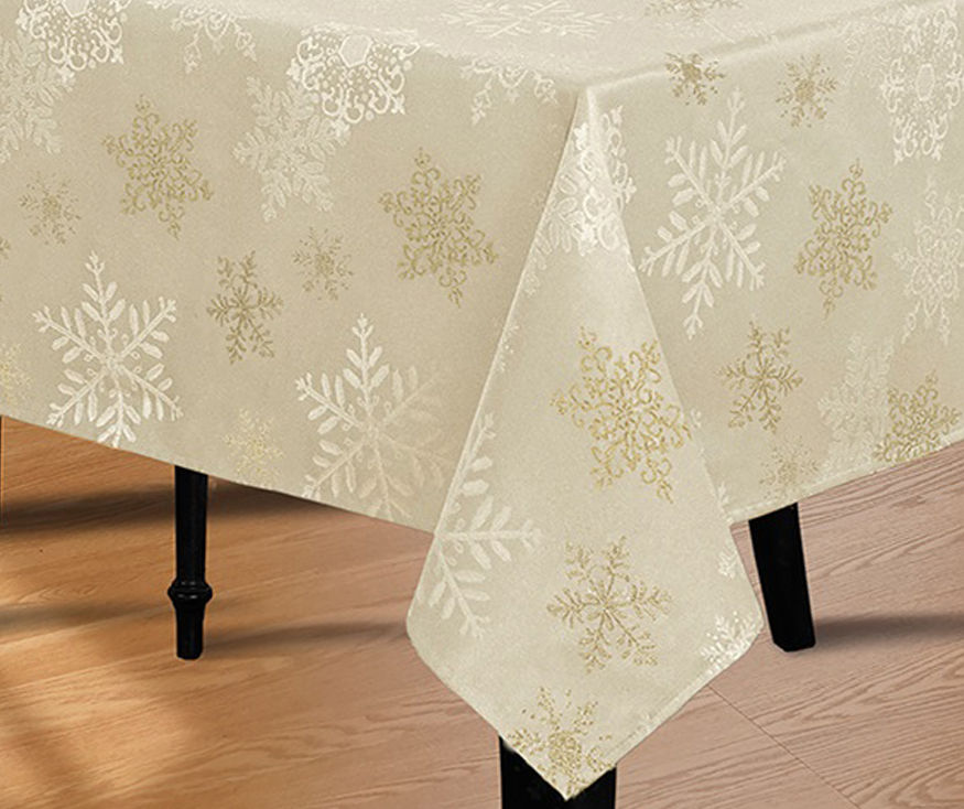 Champagne Snowflake Fabric Tablecloth, (60" x 102")