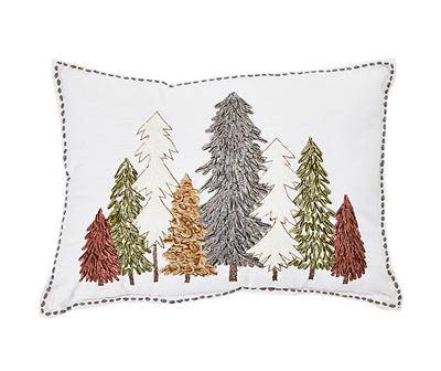 White & Earth-Tone Embroidered Trees Lumbar Throw Pillow