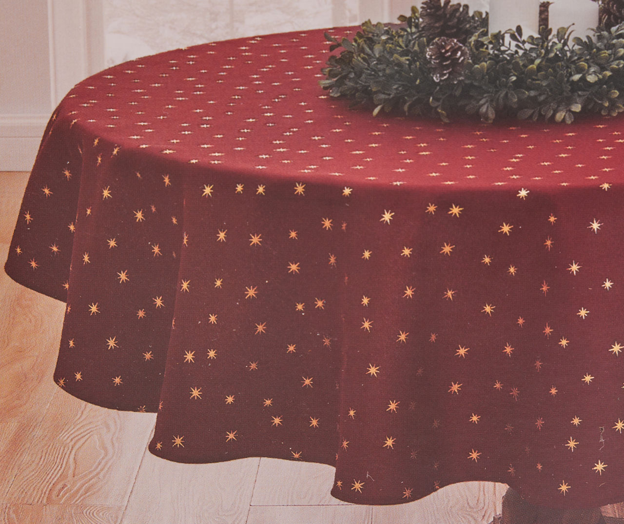 Red & Gold Ditsy Stars Round Fabric Tablecloth, (60")